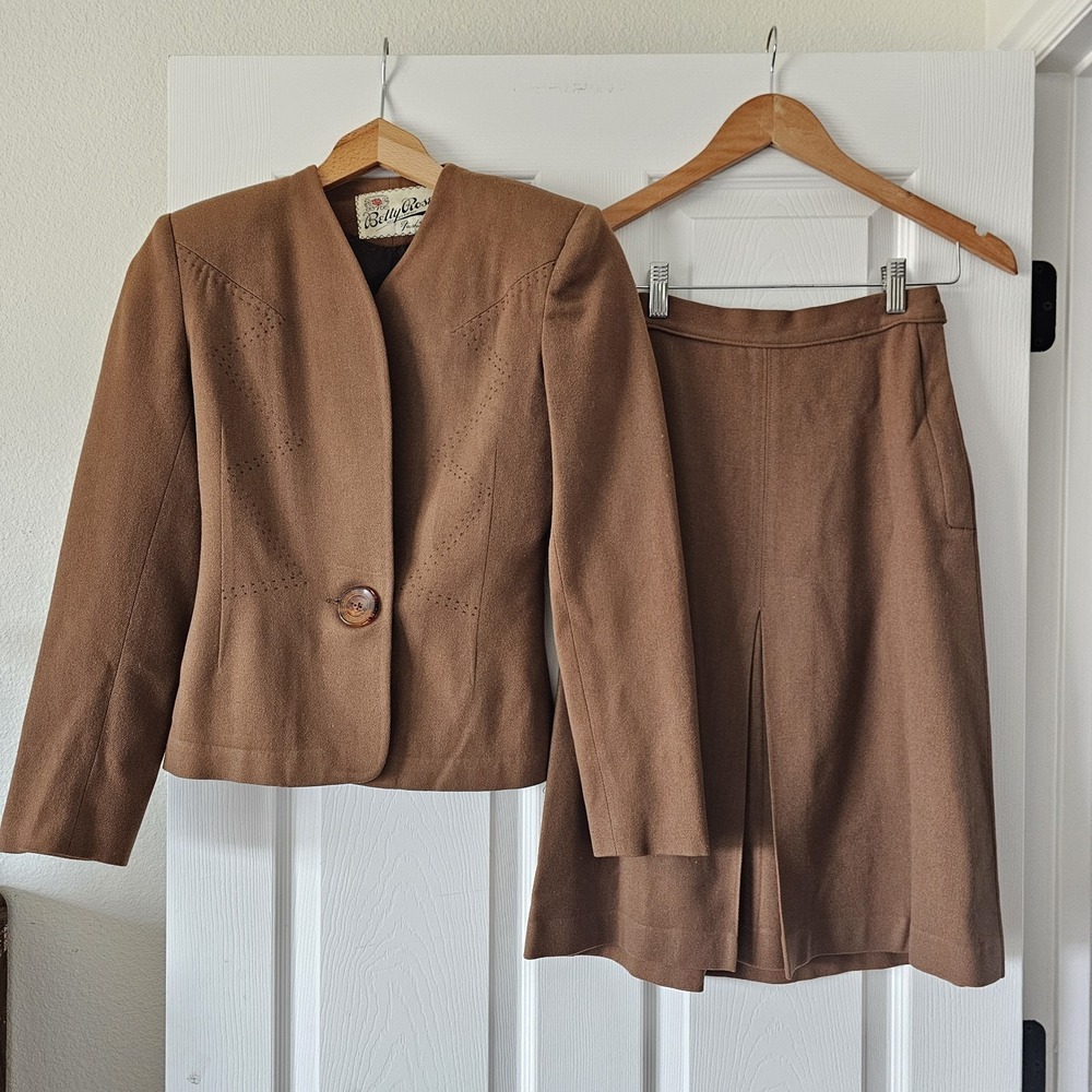1940s Vintage Betty Rose S XS Wool Princess Seam Blazer Skirt Suit Set Camel #36